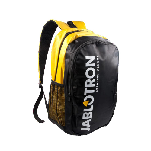 Fekete-sárga színű, két rekeszes, két hálós oldalzsebbel ellátott, állítható vállpánttal szerelt hátizsák JABLOTRON logóval.