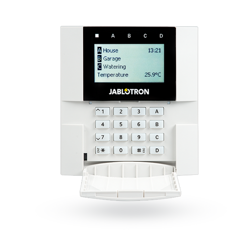 JABLOTRON JA-150E, vezeték nélküli kezelőegység, LCD kijelző, billentyűzet, RFID